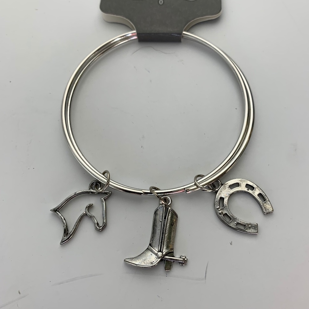Charm & Flatter Silver Tone Cowboy Western Charm Bracelet Horse Boot Horseshoe N